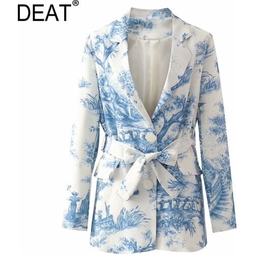 [DEAT] Women Printed Hit Color Bow Blazer New Lapel Long Sleeve Loose Fit Jacket Fashion Tide Spring Autumn 2021 13T625