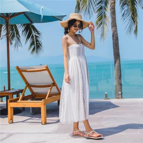 2020 Summer Womens Dresses Fashion Slim Sashes Neck Sleeveless Whiter Long Dress Female Elegant Lace Patchwork Empire Dresses