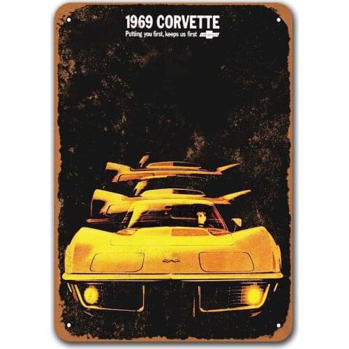 1969 Corvette Tin Metal Signs Vintage Cars, Sisoso Plaques Poster Man Cave Bar Retro Wall Decor 12x16 inch