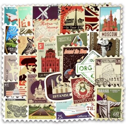 50 PCS Retro Stamp Sticker for Wall Travel Historical Building DIY Wall Sticker Study Decoration Luggage Scrapbook Laptop Decals
