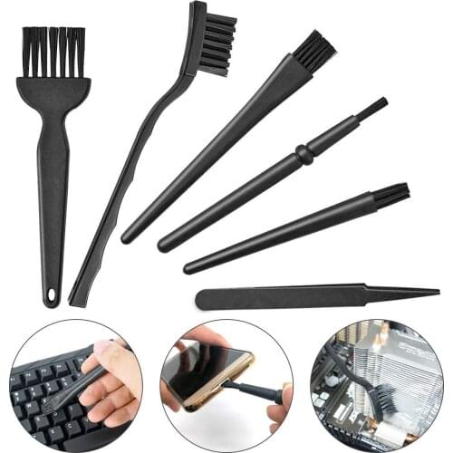 6 in 1 Cleaning Brush Kit Plastic Small Portable Handle Nylon Anti Static Brushes Cleaning Keyboard Brush Kit, Black Zip Bag