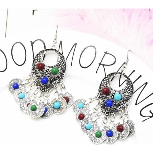 Gypsy Vintage Color Coin Jhumka Earrings Indian Hippie Turk Jewelry Female Colorful Resin Bead Earings Bridal Tribal Statement