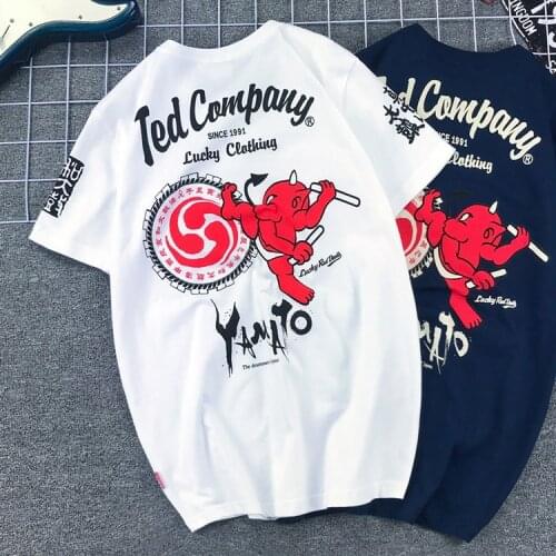 Japanese Devil Beating Drum Print T Shirt Mens Casual Cotton Summer Motorcycle Biker T-shirt Loose Hip HopTops Tee Shirt