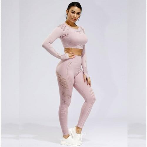 2 Pcs Sports Suits Set Women Yoga Sets Gym Fitness Athletic Pants Joggers Sportswear Leggings Shirt Seamless Sports Hollow Out