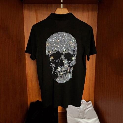 Summer Unique Mens Polo Shirt High-End Loose Short Sleeve Super Shiny Hot Drilling Skull Design Handsome Style