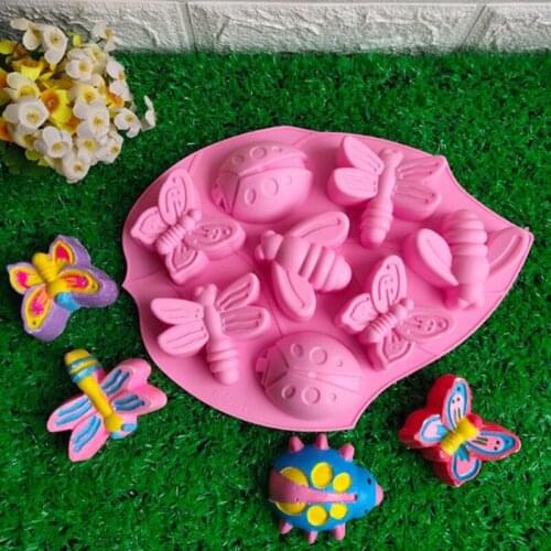Cartoon Animal 1 Piece Pink 8 Flower Insect Ice Cube/Chocolate DIY Silicone Mold Cake Handmade Soap Baking Mold For Babys