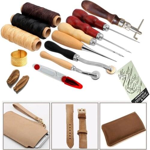 14Pcs Leather Craft Set Hand Stitching Sewing Tools DIY Rope Needle Thimble Thread Awl Handwork Kits