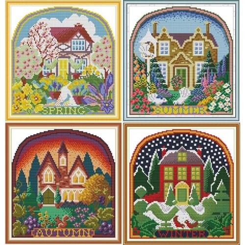 Four Seasons Scenery Series DIY Cross Stitch Kits 14CT Canvas Fabric Patterns Printed Counted Chinese Needlework Embroidery Sets