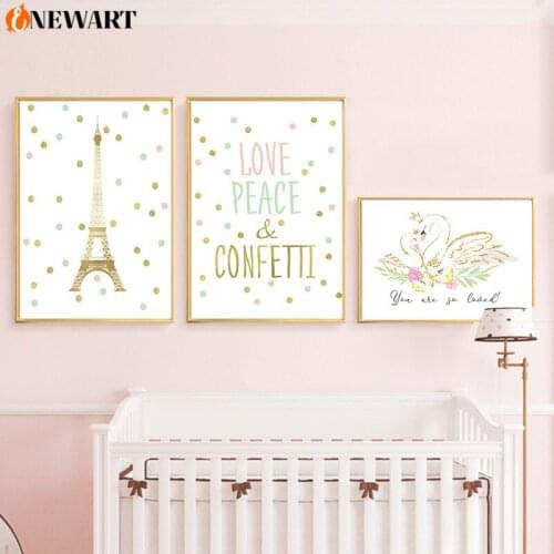 Baby Girl Nursery Wall Art Poster Print Crown Swan Pink Canvas Painitng for Kids Bedroom Decoraiton Picture Nordic Decor Art