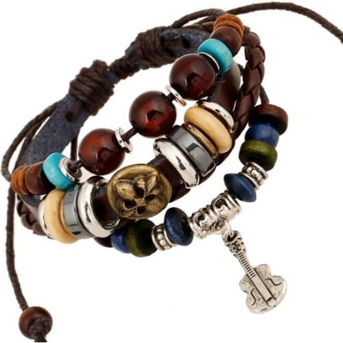 Punk Fashion Hiphop Guitar Cross Bracelet Vintage Multilayer Braided Leather Handmade Beads Bangle Wrap Wristband Gothic Jewelry