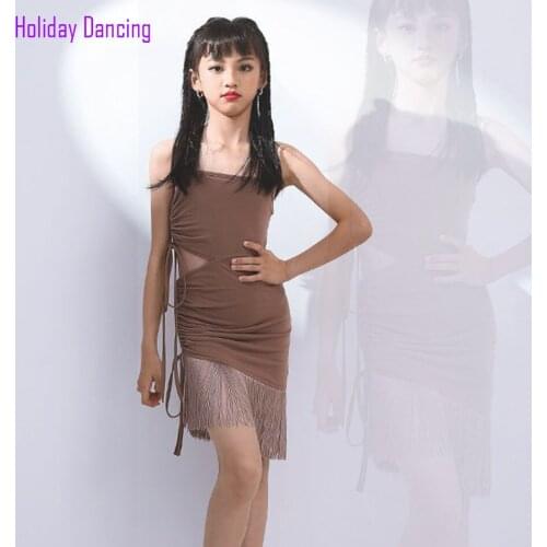 2021 G3482 Bare Shoulder Kids Latin Dance Dress Tassel Design Girl Latin Dancing Cloth Performance Modern dancing Dress