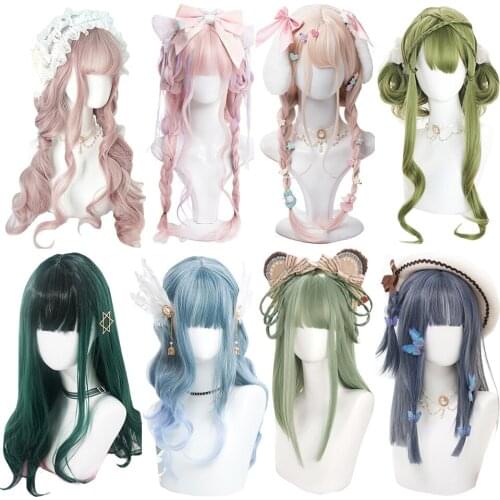 TALANG Synthetic Long curly hair Wigs bangs Cosplay Wigs For Women Dark green Party Lolita False Hair High Temperature