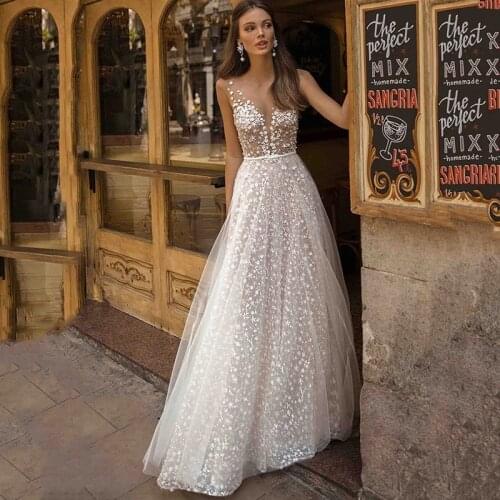 Boho Wedding Dresses A-line Scoop Tulle Appliques Pearls Bow Dubai Arabic Wedding Gown Bridal Dress Vestido De Noiva