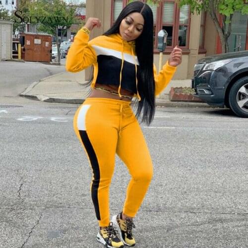 Patchwork Color Block Crop Hoodies Sweatshirt Fitness Tracksuit Female Fall Winter Sweat Jogger Pants Suit 2 Piece Sport Set