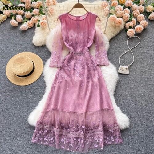 Spring Summer Embroidery Floral Mesh Long Dress Women O Neck Three Quarter Sleeve Elegant Lace Dress Evening Party Robe Dresses