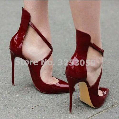 ALMUDENA Women Chic Wine Red Patent Leather Pointed Toe Pumps Stiletto Heels Cross Strap Banquet Shoes Burgundy Bridal Shoes