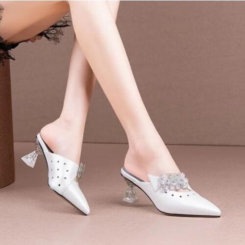 2021 New Half Slipper Women Summer Fashion High Heel Slipper Crystal Pointy Slipper Wear Cold Slipper Women