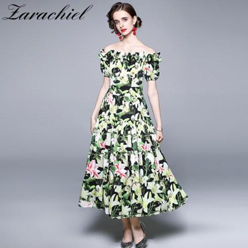 2021 Summer Runway Holiday Boho Long Dress Womens Off The Shoulder Short Puff Sleeve Lily Floral Print Ruffles Beach Dress
