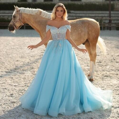 2021 Arabic Light Blue Evening Dresses Party Wear Off the Shoulder Sequins Prom Dress A Line Women Formal Robes De Soirée