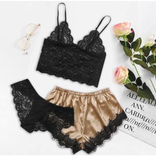 3pcs Sexy Lingerie Women Pajamas Lace Stain Nightwear Set Clothes Pijama Ladies Short Sleepwear Pajama Suit Pizama Damska