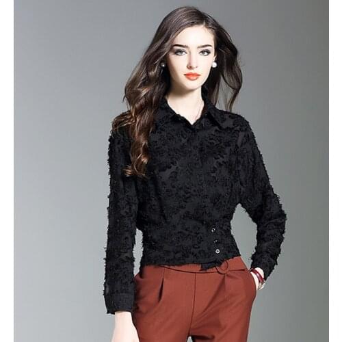 Spring Autumn Fashion Women Long Sleeve Buttons Feather Elegant Black Blouse , Fall Designer Slim 3xl Woman Cardigan Blouses
