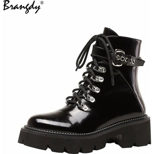 Brangdy Fashion Women Martin Boots Genuine Leather Metal Buckle Round Toe Womens Winter Boots Zipper Lace Ankle Boots Size 34-39