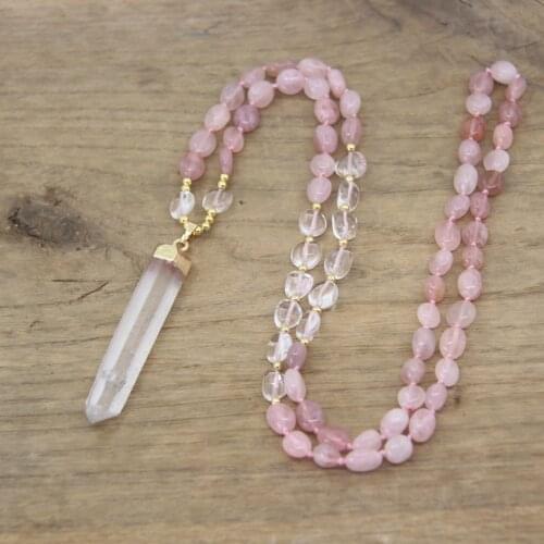Natural Rose Quartz Beads Knotted Handmade Boho Style Necklaces Raw Crystal Point Tusk Pendants Mala Yoga Women Jewelry,QC0133