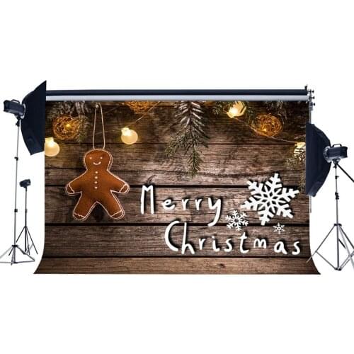 Photography Backdrop Merry Christmas Gingersnap String Shining Bulb Wood Floor Xmas Backdrops