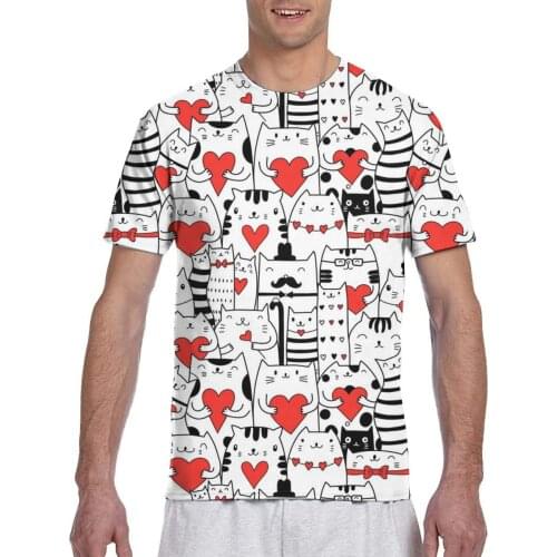 Black White Cats Holding Hearts T shirt Man T-shirt 2020 Summer Round Neck Tshirts Tee Shirts Men Streetwear Short Sleeve