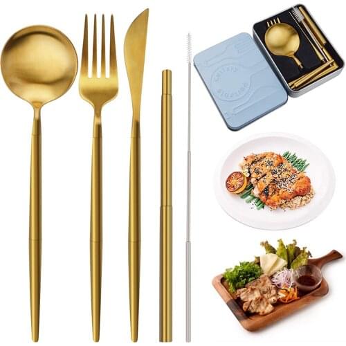 Reusable Travel Utensils Silverware with Case, 5Pcs Stainless Steel Travel Camping Cutlery Set, Portable Flatware Cutlery Set