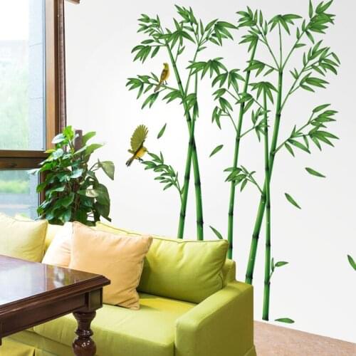 [shijuekongjian] Green Bamboo Birds Wall Sticker DIY Pastoral Style Mural Decals for Living Room Kitchen Wardrobe Decoration