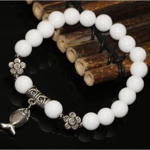 Original design fasion 8mm white porcelain diy bracelets for women round beads silver-plated fish pendant jewelry 7.5inch B2156
