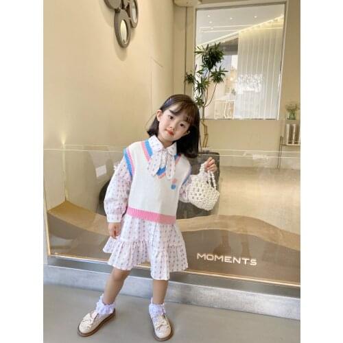 2021 Girls Dress Long Sleeve Floral Pattern Cotton Dress + Knitted Vest Sweet Toddler Kids Clothing