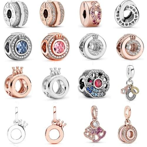 Signature Pave Lines logo Clip Charm 100% 925 Sterling Silver Sparkling Logo Crown O Charm Fit Original Bracelet Diy Jewelry