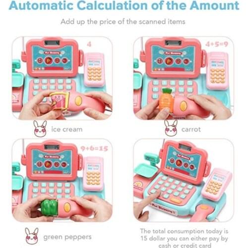 Durable Cash Register Toy Pretend Play Educational Toy With Scanner Sound Music Microphone Calculator Play Money&Grocery Toy