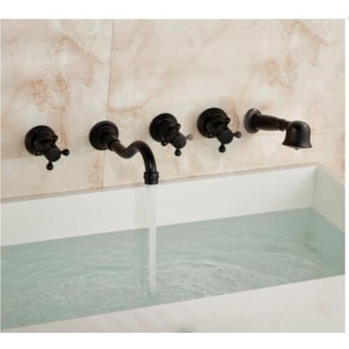 Retro Black Brass Five-hole Wall-mounted Bathtub Faucet 5-hole Bath Tub Hot and Cold Water Mixer Tap with Hand Shower BF1037