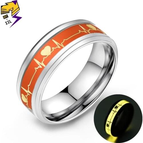 Glowing Luminous Heart Electrocardiogram Rings Stainless Steel Glow in the Dark Wave Love Ring Female Male Wedding Aneis Jewelry