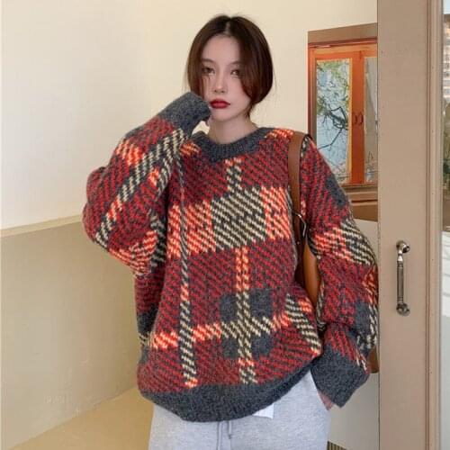Vintage Womens Oversize Sweater Pullover Women Autumn 2021 Womens Clothing Korean Fashion Womens Sweater Casual Check Jumper