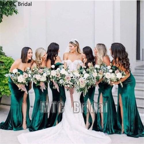 Green Mermaid Bridesmaid Dresses With Slit Backless Elastic Velvet Maid Of Honor Gowns Wholesale Wedding Party Dress Cheap