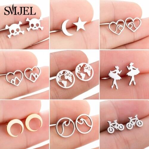SMJEL Tiny Ballet Earrings for Women Girls Kids Jewelry Romantic Stainless Steel Stud Earrings Wave Moon Ear Earing Pendients