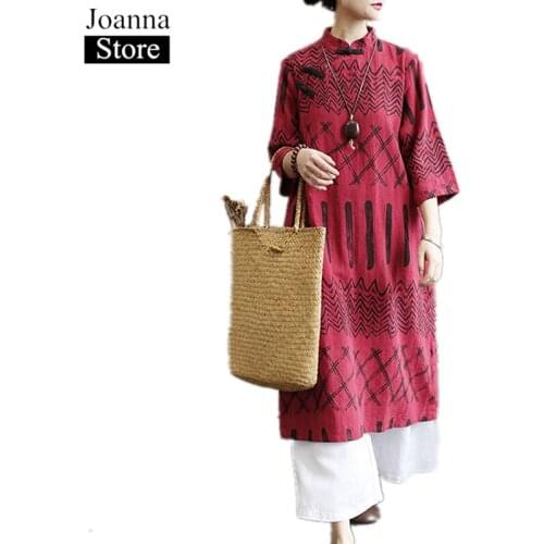 Spring New Chinese Style Printing Long Dress Women Seven Points Sleeve A-Line Vintage Loose Dresses Red Plus Size Casual Clothes