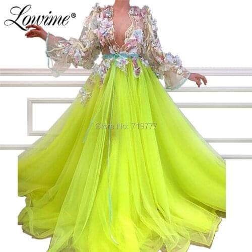 Sexy Deep V Neck Evening Dresses Abendkleider 2019 Arabic Long Sleeve Tulle Prom Dress Celebrity Party Gowns Abiye Gece Elbisesi