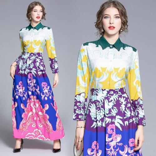 2019 Spring Summer Fall Runway Vintage Floral Print Collar Long Sleeve Patchwork Women Ladies Party Casual A-Line Maxi Dress