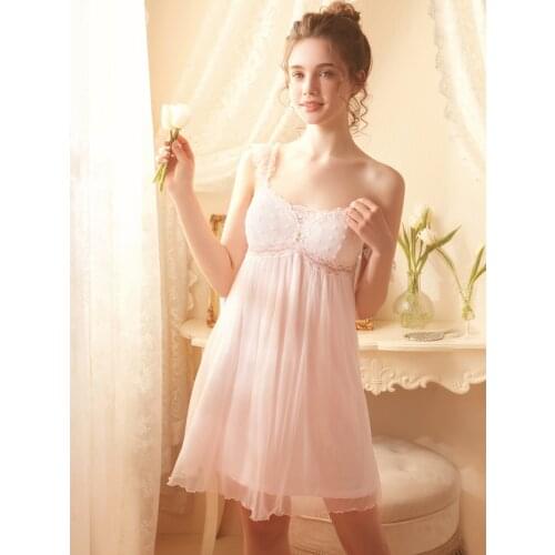 Free Shipping Rose Tree 2021 New Summer Womens Nightgown Pink Nightshirt Short Pijamas Beauty Nightdress Lace Girl Slip