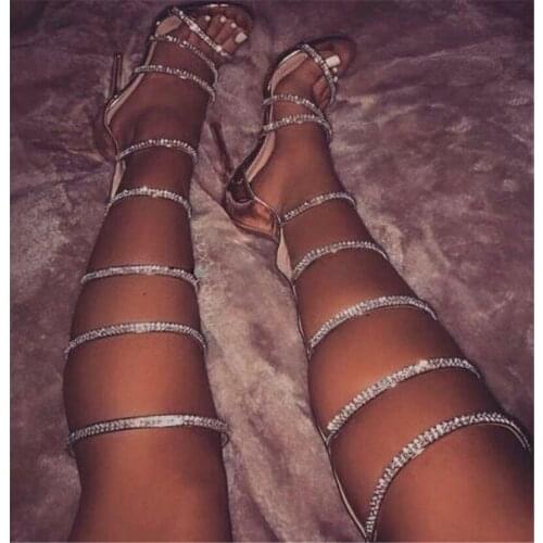Silver Bling Bling Rhinestone Straps Sandals Boots Gladiator Cut Out Summer Crystal Knee Boots Open Toe Woman