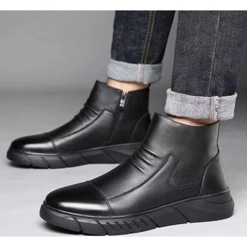 Business Chelsea Boots Mens Winter Ankle Boots Men Leather Zipper Side Thick Fur Snow Boots Men Winter Shoes