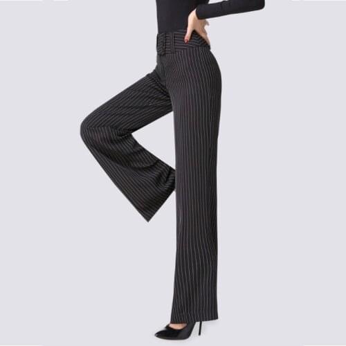 Striped Heavy Latin Dance Trousers Adult Womans Black Ballroom Pants High Waist Broad Leg Flared Modern Practice Costume H656