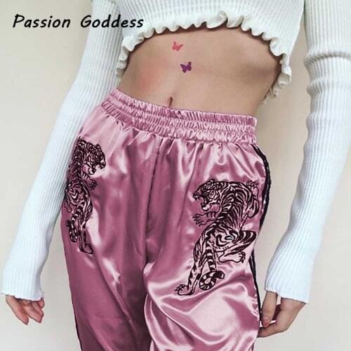 Embroidery Tiger Pink Pants Women Side Striped Sweatpants High Waist Soft Satin Harem Pants Casual Kawaii Trousers Plus Size