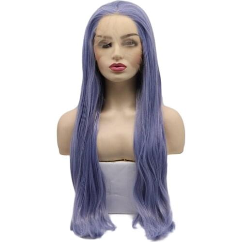 Long Straight Light Purple Mix Blue Lace Front Wig Middle Part Soft Hair Heat Resistant Fiber Cosplay Synthetic Wig For Women