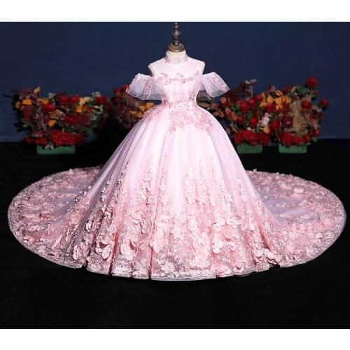 Flower Girl Dresses Illusion High Short Embroidery Appliques Sequined Tulle Lace Princess Off The Shoulder Kids Party Gown H569